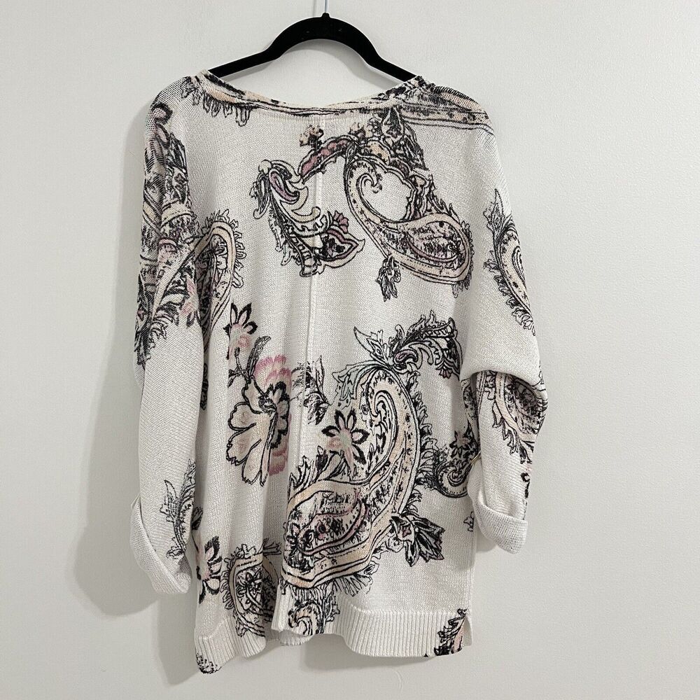 Chico's Sweater Size 2 Large White Paisley Print Bohemian 3/4 Sleeve Rolled Knit - Picture 6 of 8